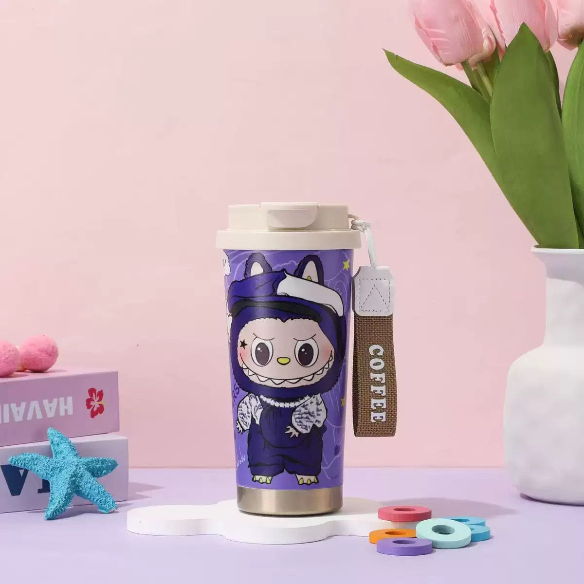 Labubu Travel Mug – 500 ml Insulated Stainless Steel Coffee Tumbler with Wrist Strap